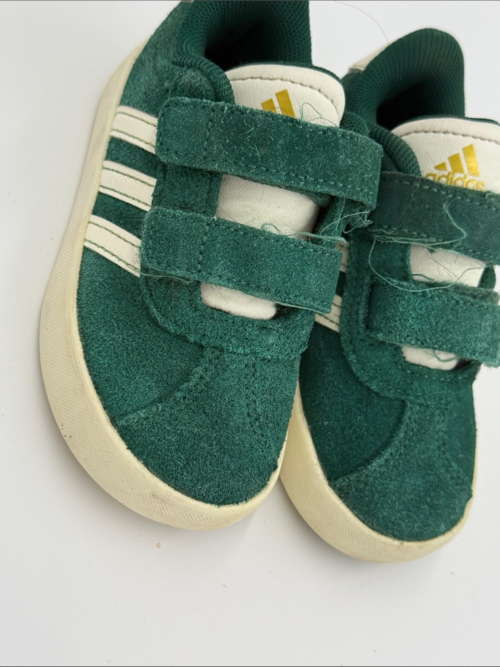 adidas Kids Dark Green Suede Velcro Sneakers with White Stripes